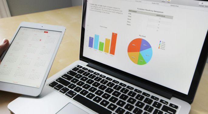 Image: a macbook with charts pulled up on the screen, while the user holds a small tablet next to it