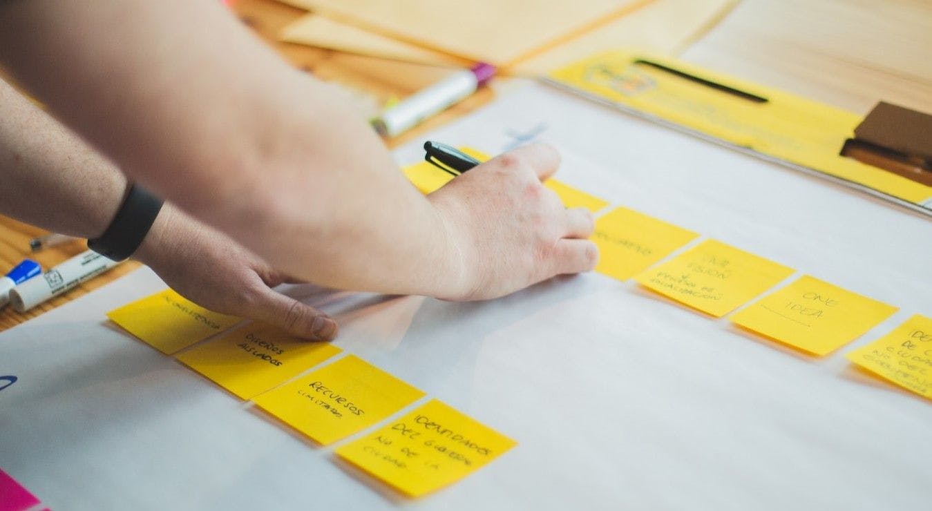 An individual is engaged in a task, utilizing sticky notes to organize and plan their project.